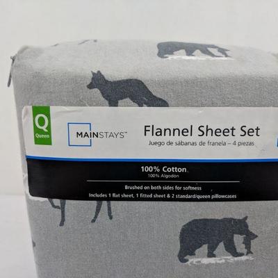Queen Flannel Sheet Set, 4 Pcs, 1 Flat/1 Fitted/2 Standard/Queen Cases - New