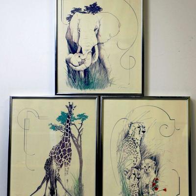 Set of 3 Art Prints Wild Animals Framed - A-016