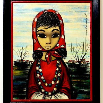 CARLO CARANDO Oil on Canvas Mid-Century Big Eyed Young Woman Original