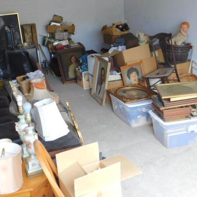 Single Storage Unit Showing Antiques, Mini-Fridge, Queen Bed Frame, Etc.