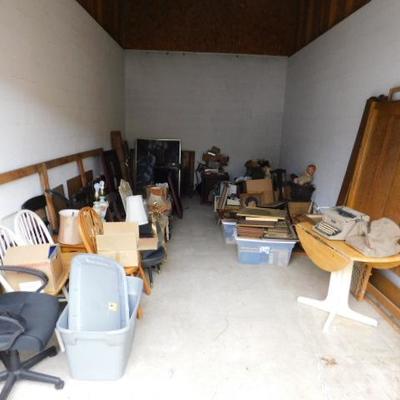 Single Storage Unit Showing Antiques, Mini-Fridge, Queen Bed Frame, Etc.