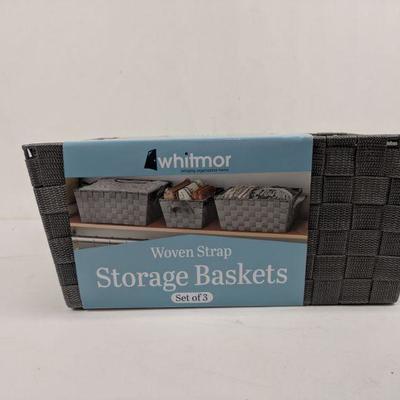 Set of 3 Grey Woven Strap Storage Baskets, Whitmor - New