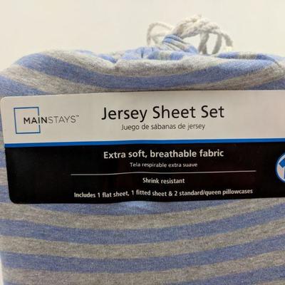 Blue & Grey Striped Full Jersey Sheet Set - New
