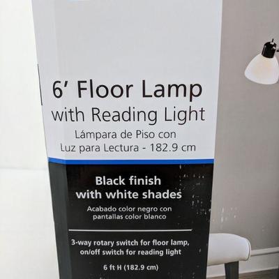 6' Black Floor Lamp w/Reading Lamp, Black Finish w/White Shades - New