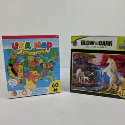 2 Puzzles, 500 PC Glow in the Dark Hidden Images & 60 PC USA Map - New