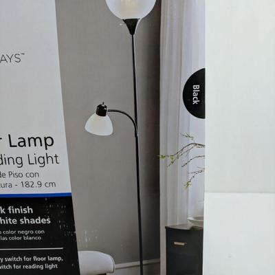 6' Black Floor Lamp w/Reading Lamp, Black Finish w/White Shades - New