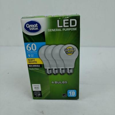 4 Bulbs, LED General Purpose, 60 Watt Equivalent, Great Value - New