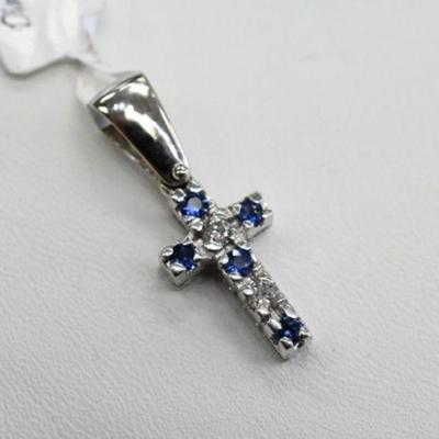 14K White Gold Natural Diamond Sapphire Cross Pendant