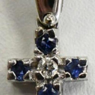 14K White Gold Natural Diamond Sapphire Cross Pendant