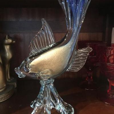 Murano Glass Fish Blue Gold Sculpture 