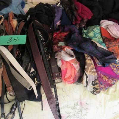 Lot 34 Very Large lot of silk & wool scarfs, belts, slips & stockings.