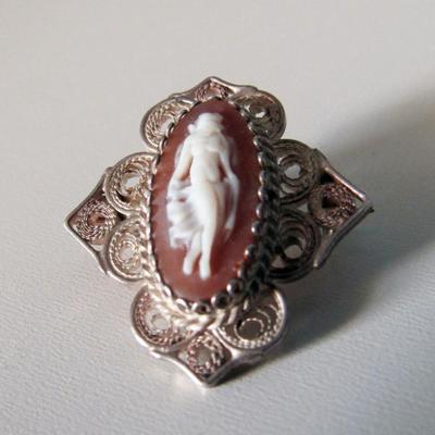 Small Vintage Shell Cameo on Silver Filigree Pin
