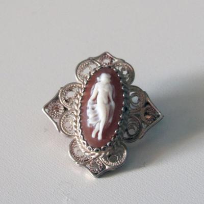 Small Vintage Shell Cameo on Silver Filigree Pin