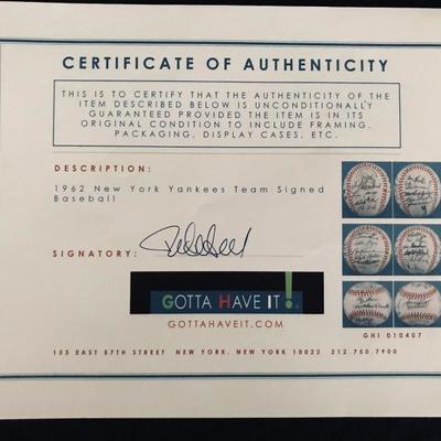 1962 NY Yankees Team Signed Baseball with Certificate of Authenticity