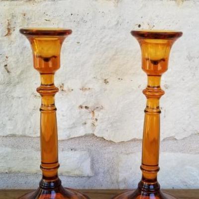 Indiana Glass Straight Pillar | Amber | Set of two
