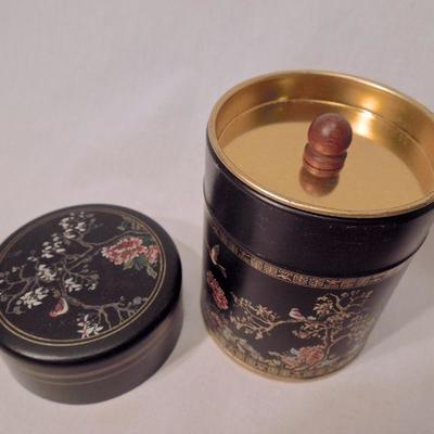Lot 139: Small Paper Mache Tole Painted Keepsake Boxes and Tin