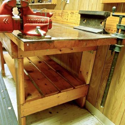 Lot 217: 72" x 34" x 29" Solid Wood Workbench Mounted Vise Grip and Power Outlet