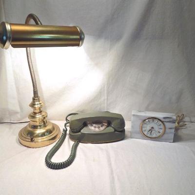 Lot 176: The Vintage Desk: Princess Phone, Brass Lamp Marble Alarm