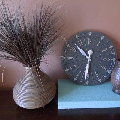 Lot 155: Bronze Clock, Burnished Vase and Coiled Basket 