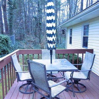 Lot 142: Patio Table, Chairs, Cushions, Storage Bin and Umbrella
