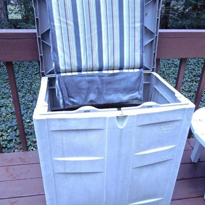 Lot 142: Patio Table, Chairs, Cushions, Storage Bin and Umbrella