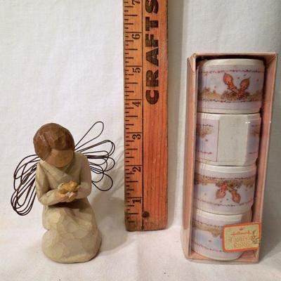 Lot 140: Hurricane Candle Sticks, Willow Tree Angel, Betsy Clark Napkin Rings