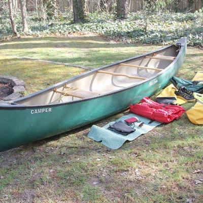 Lot 19: 16ft Old Town "Camper" Canoe - Caned Seats and Loaded with Gear