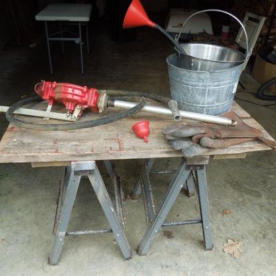 Lot 50: TOKHEIM  Hand Operated VACUUM TRANSFER PUMP, Saw Horses et al