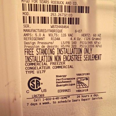 Lot 57:  Kenmore Model 25326732103 Upright Freezer