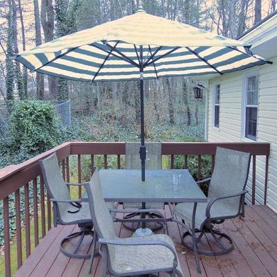 Lot 142: Patio Table, Chairs, Cushions, Storage Bin and Umbrella