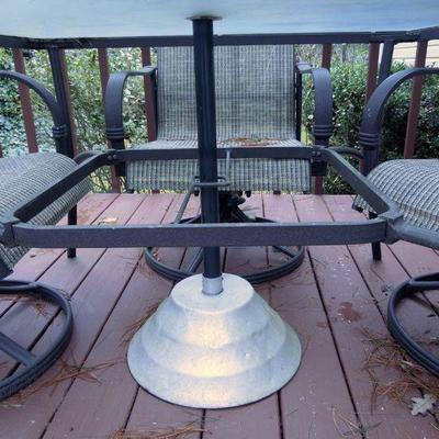 Lot 142: Patio Table, Chairs, Cushions, Storage Bin and Umbrella