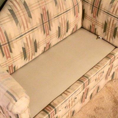 Lot 107: Vintage Humpback Loveseat and Wall Clock