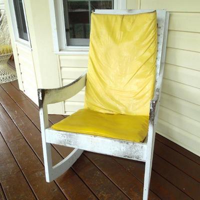 Lot 23: White Wood Slat Rocking Porch Chair with Cushions