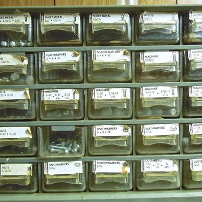 Lot 216: Mega Screws and Hardware in Storage Drawer Cabinets