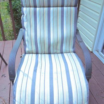 Lot 142: Patio Table, Chairs, Cushions, Storage Bin and Umbrella