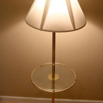Lot 119: Brass and Glass Shelf Floor Lamp Pleated Shade