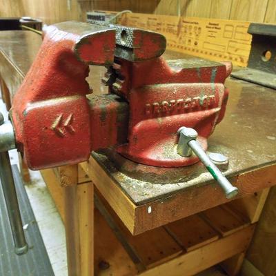 Lot 217: 72" x 34" x 29" Solid Wood Workbench Mounted Vise Grip and Power Outlet