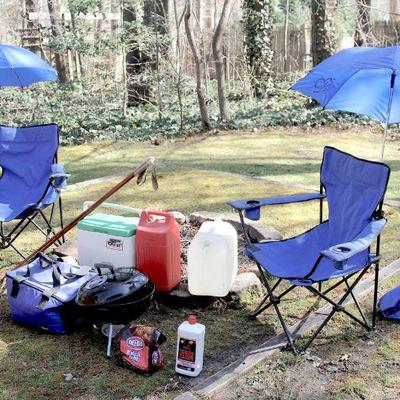 Lot 18: Two Captain Chairs, Cooler, Coleman Lantern, Weber Hibachi Grill et al