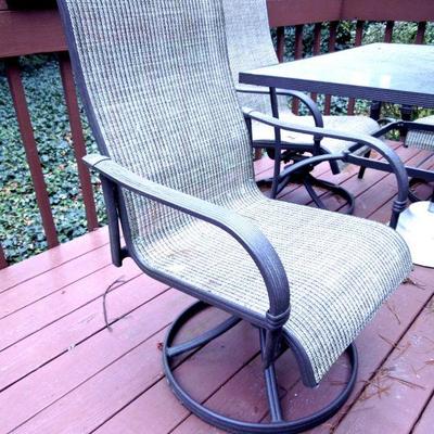 Lot 142: Patio Table, Chairs, Cushions, Storage Bin and Umbrella