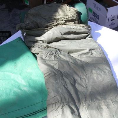 Lot 17: Down Mummy Style Sleeping Bag, Foam Pad and Tarp