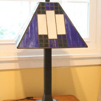 Lot 90: Arts and Crafts Style Lamp, Curtains, Decorative Rods and Porcelain Jar