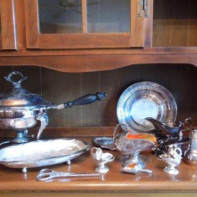 Lot 150: Silver Plated Serving Pieces with Chaffing Dish