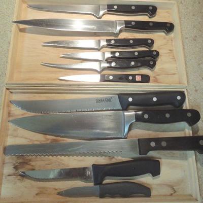 Lot 181: Mixed Knives, Wood Block, Electric Sharpener and Thermometer Fork