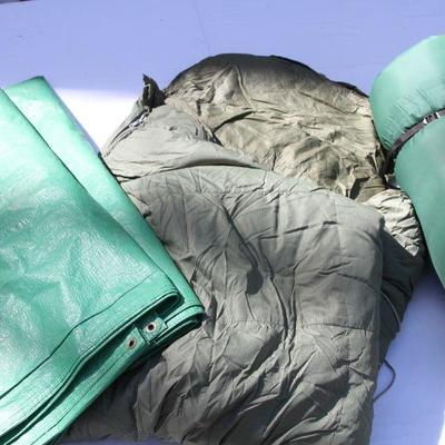 Lot 17: Down Mummy Style Sleeping Bag, Foam Pad and Tarp