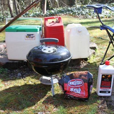 Lot 18: Two Captain Chairs, Cooler, Coleman Lantern, Weber Hibachi Grill et al