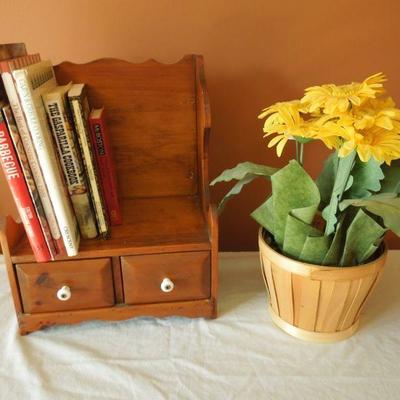 Lot 157: Cook Books, Wall Shelf and Gerber Daisies in Basket