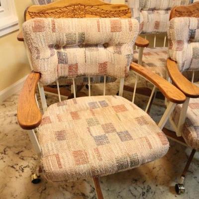 Lot 131: Vintage Embossed Wood Octagonal Kitchen Table and Padded Swivel Chairs