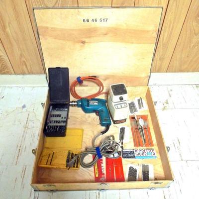 Lot 214: Makita Drill, Drill Bits, Drill Bit Sharpener in Wood Crate Hinged Box