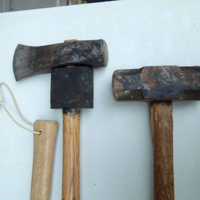 Lot 51: Two Wood Handled Vintage Axes and Sledge Hammer