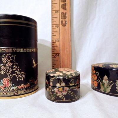 Lot 139: Small Paper Mache Tole Painted Keepsake Boxes and Tin